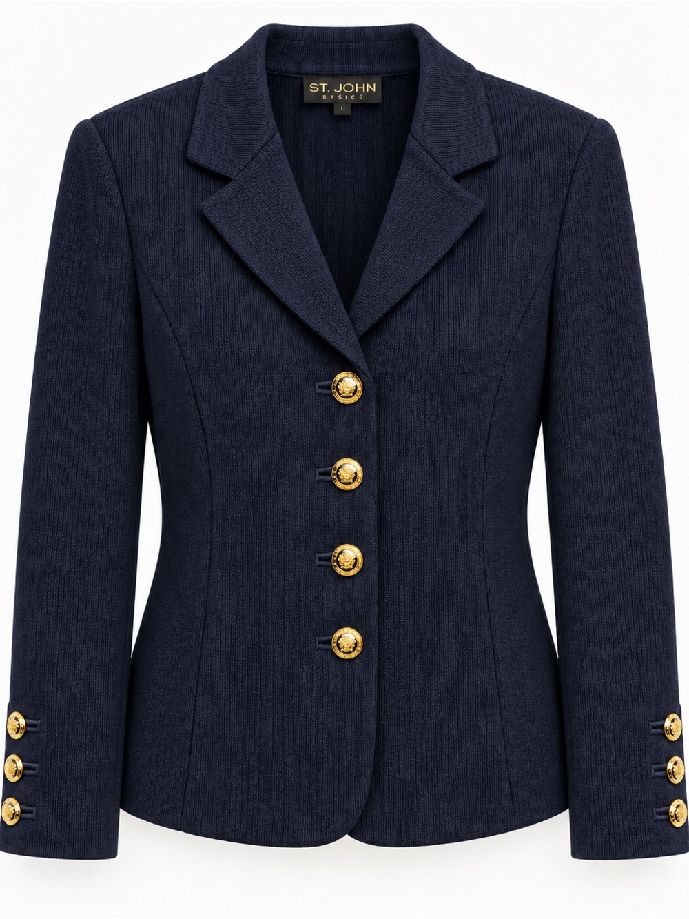 St. John Basics Navy Blue Textured Knit Blazer Gold Buttons Women wool Size 12
